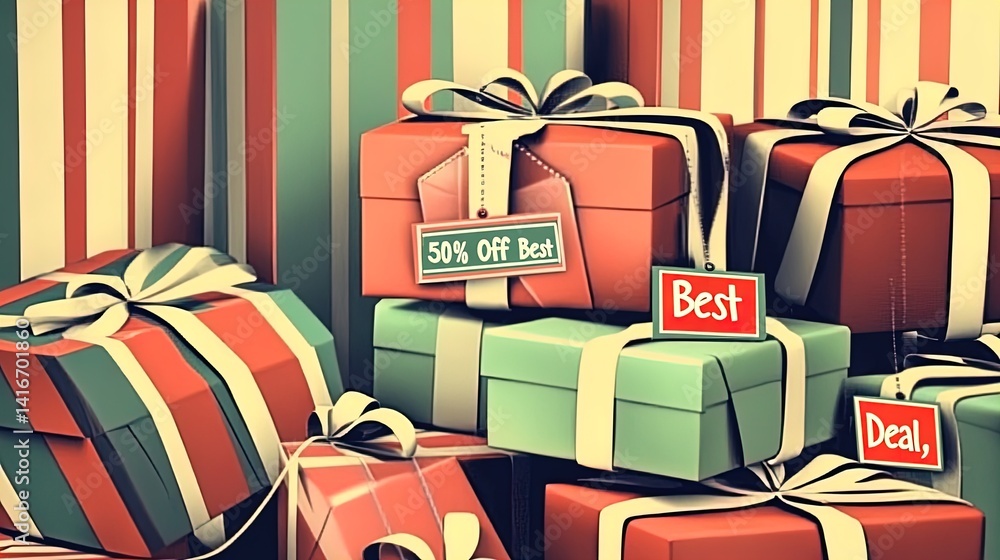 brightly wrapped gift boxes with '50% off' and 'best deal' tags: perfect for a festive sports room poster to celebrate great savings!