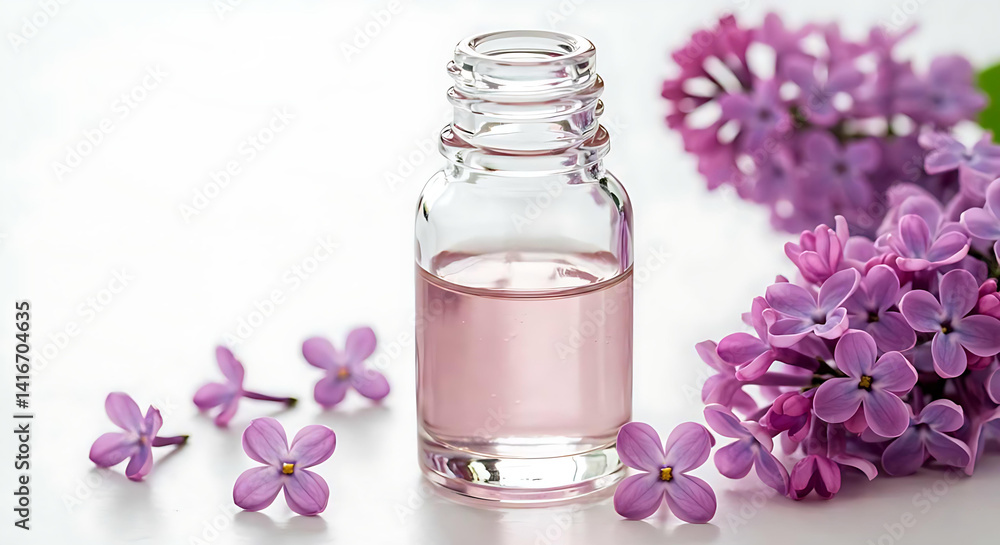 Lilac-infused essential oil displayed against a clean white background. Lilac-infused essential oil displayed against a clean white background.