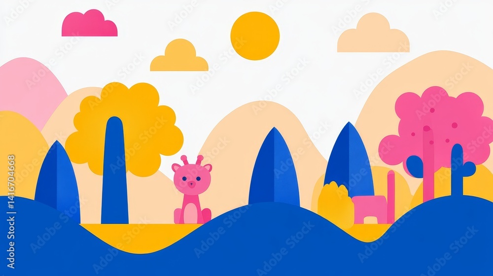 Whimsical Pixel Art Landscape Featuring a Pink Giraffe and Pastel Colored Mountains, Trees, and Water in a Simplified Illustration style Whimsical Pixel Art Landscape Featuring a Pink Giraffe and Pastel Colored Mountains, Trees, and Water in a Simplified Illustration style
