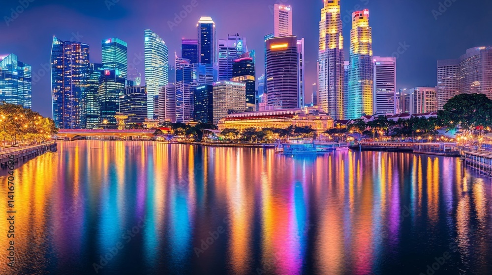 Naklejka premium Vibrant City Night Skyline with Colorful Lights Reflection