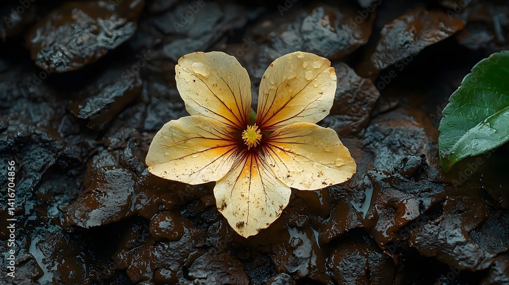 A solitary flower blooming through mud stained earth
