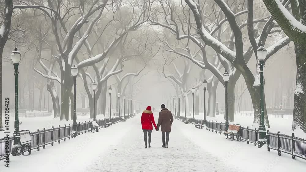 Couple in red and brown coats walking hand in hand through snowy park. Couple in red and brown coats walking hand in hand through snowy park.