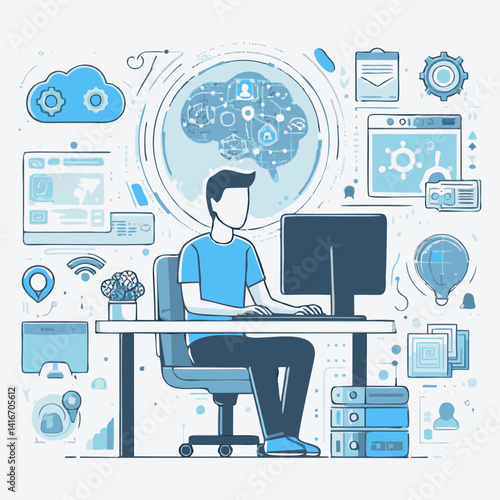 Flat vector of a person using a laptop with digital UI elements around them. Minimal design symbolizing AI and cloud computing. Clean, solid colors, easy to trace.