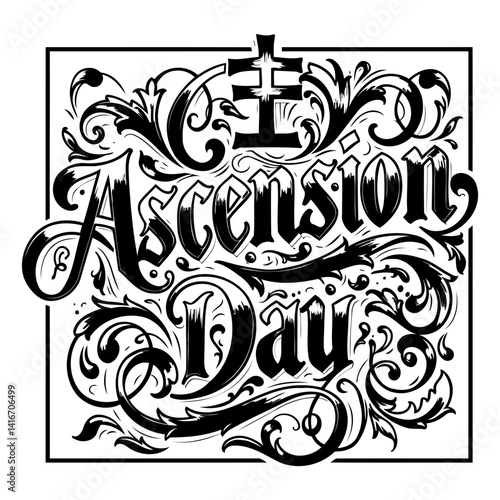 Ornate, hand-lettered typography.  Religious, historical, or cultural theme.  Suitable for advertising, posters, or editorial use.