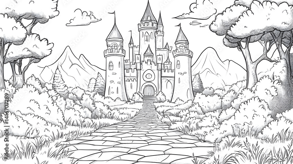 Obraz premium Fantasy Princess Castle Coloring Page in Bold Black and White Line Art
