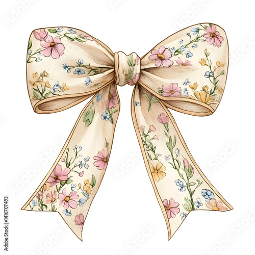 ribbon bow with tiny flowers hand-drawn