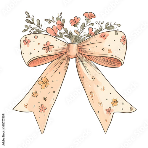 ribbon bow with tiny flowers hand-drawn