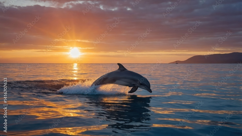 Fototapeta premium Dolphin jumping out of sea at sunset