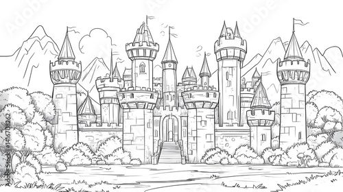 Wallpaper Mural Fantasy Princess Castle Coloring Page in Bold Black and White Line Art Torontodigital.ca
