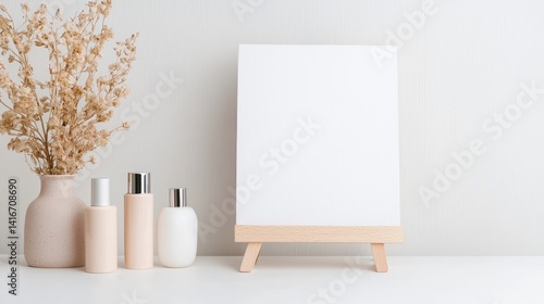 Wallpaper Mural Minimalist display mockup with cosmetic bottles and dried flowers.  Empty canvas board on easel Torontodigital.ca