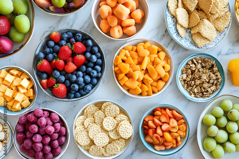 Bowls of colorful fresh fruit and nuts arranged on a white surface. Bowls of colorful fresh fruit and nuts arranged on a white surface.