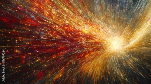 Abstract Cosmic Explosion with Gold and Red Light Streaks