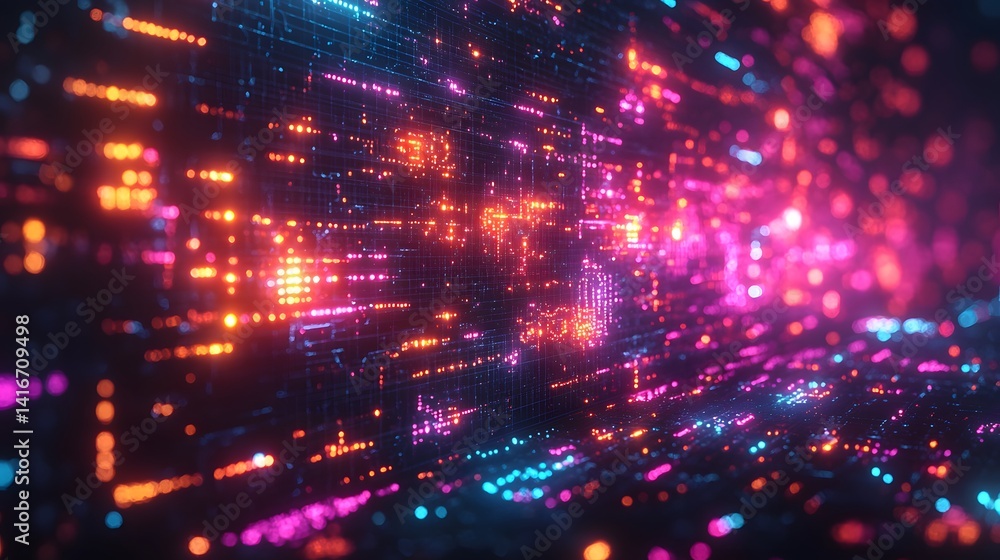 Dynamic digital wall with vibrant neon glow. Dynamic digital wall with vibrant neon glow.