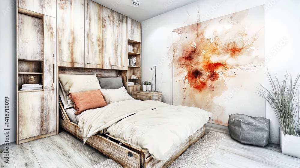 elegant studio apartment design: space-saving foldable bed & modular furniture in light tones - perfect poster for modern interior inspiration!