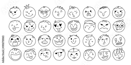 Icons of faces with different moods of emotions, happy, sad, smiling faces in doodle style. Comic line art vector illustration. For social networks