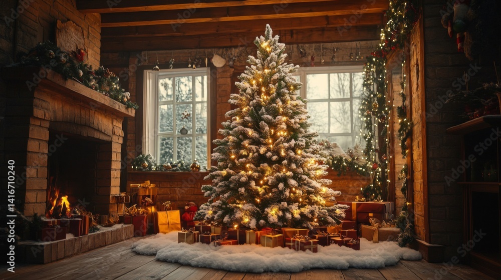 Fototapeta premium Rustic Christmas Cabin Interior with Decorated Tree