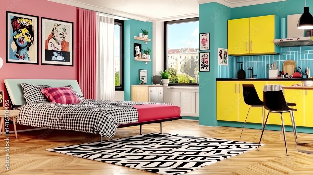 elegant studio apartment design: space-saving foldable bed & modular furniture in light tones - perfect poster for modern interior inspiration!