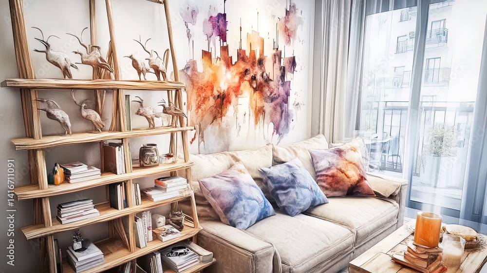 transform your small space: studio apartment with partition bookshelf, multifunctional furniture, and vibrant accents - perfect as a poster for modern interior inspiration!