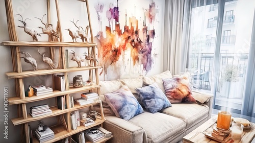 Obraz na płótnie transform your small space: studio apartment with partition bookshelf, multifunctional furniture, and vibrant accents - perfect as a poster for modern interior inspiration! w salonie