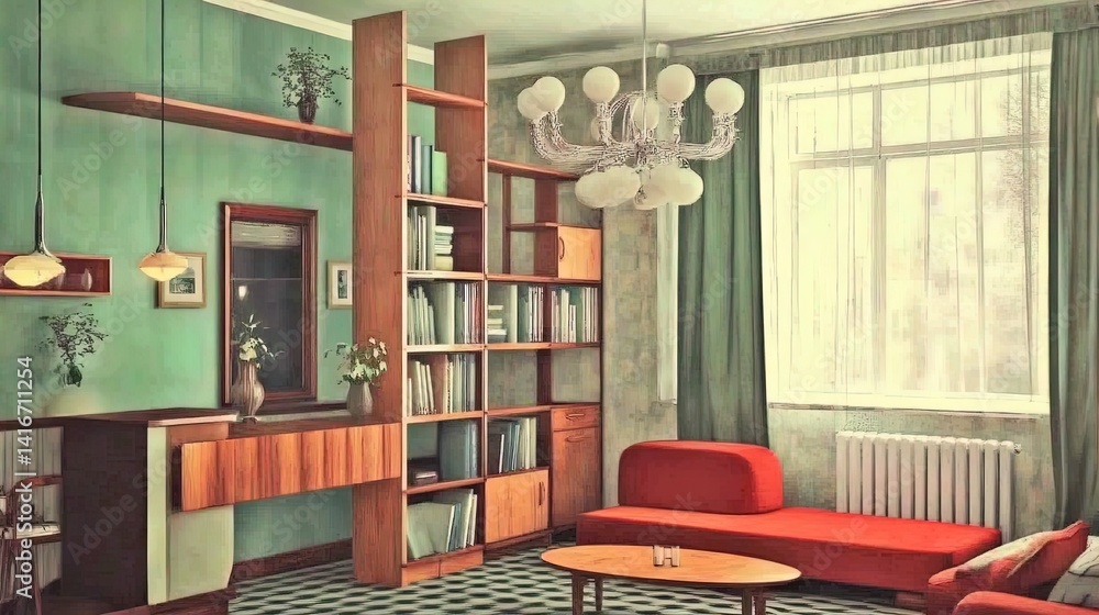 transform your studio apartment: stylish partition bookshelf, multifunctional furniture & vibrant colors for an inviting sports-inspired poster decor!
