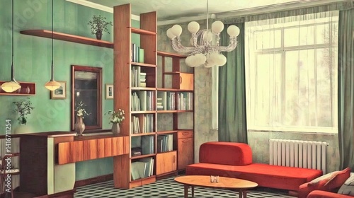 Obraz na płótnie transform your studio apartment: stylish partition bookshelf, multifunctional furniture & vibrant colors for an inviting sports-inspired poster decor! w salonie