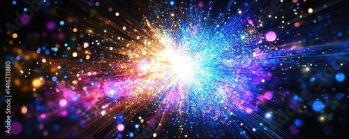 Vibrant cosmic explosion with colorful particles and radiating light streaks