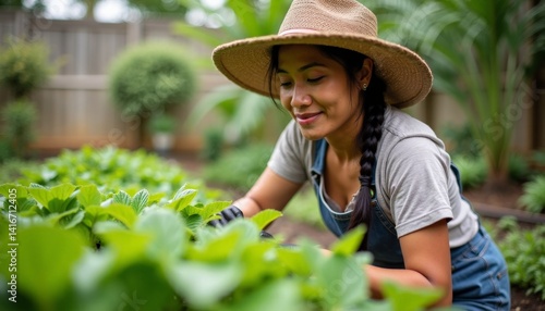 Beautiful young woman farmer with dark hair in beige hat and denim jumpsuit tending plants in vegetable garden and garden. High quality photo