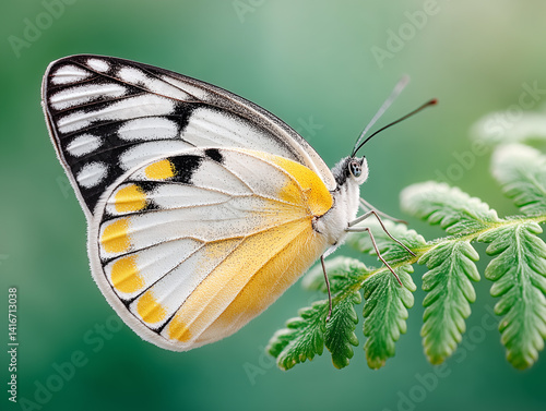 butterfly on leaf,golden Ornithoptera croesus butterfly perched on a fern leaf