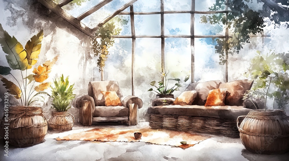 serene retreat: a sunlit conservatory with tropical plants and comfortable seating, perfect for a sports interior poster