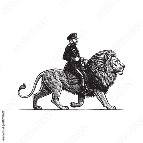 Vintage Military Officer Riding Lion – Black and White Detailed Engraving Art