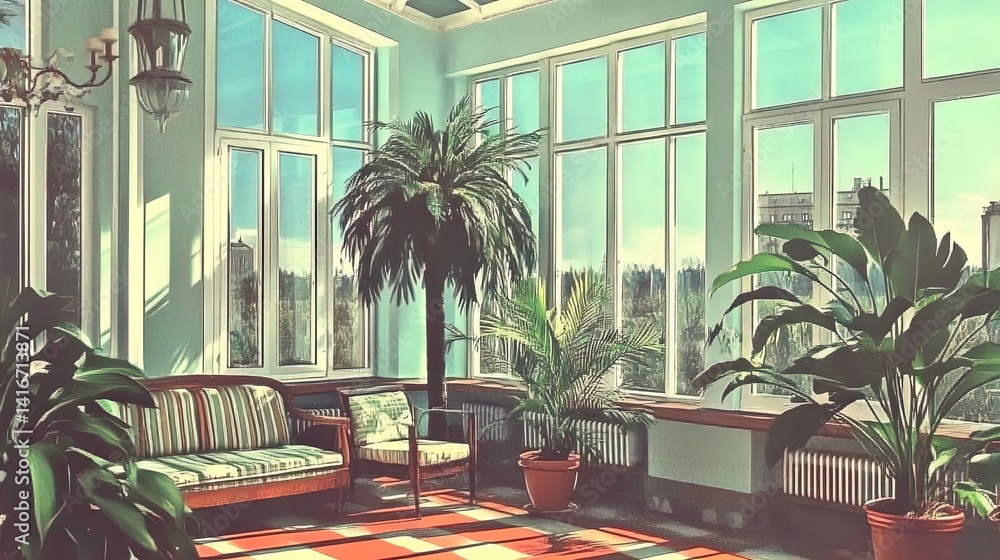 transform your space with a serene retreat: a sunlit conservatory poster featuring tropical plants and cozy seating for a relaxing atmosphere