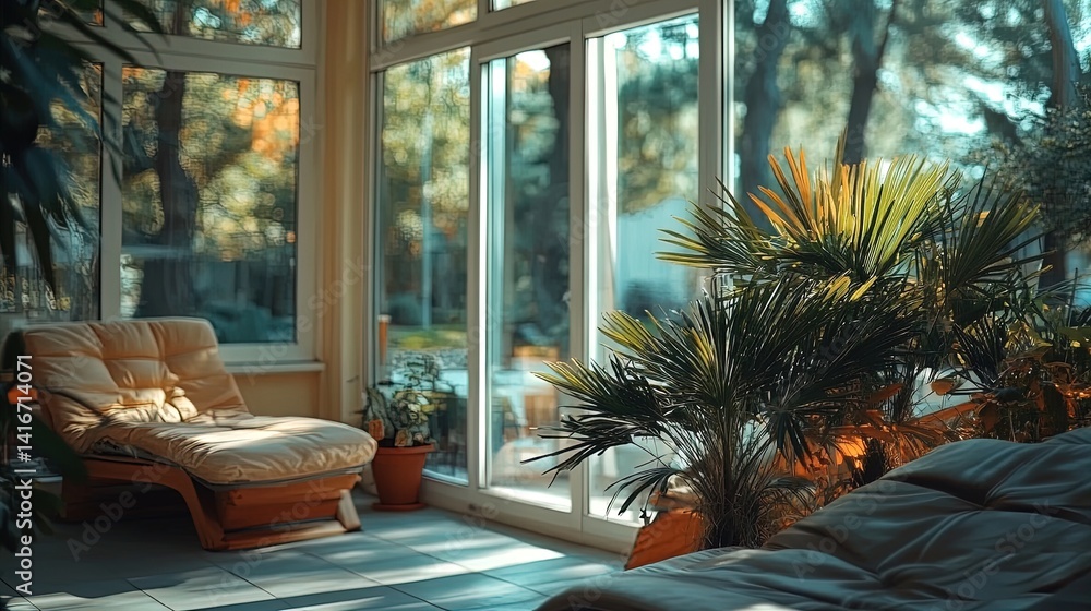 serene retreat: a sunlit conservatory with tropical plants and comfortable seating, perfect for a sports interior poster