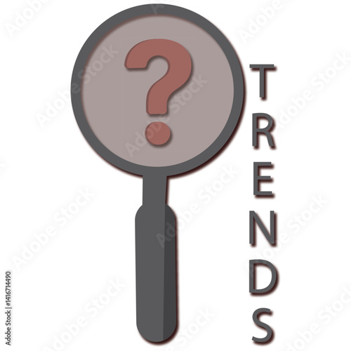 Magnifier glasses with question mark and the text TRENDS. It represents the evaluation methods, popular topics, and new trends in business or life style