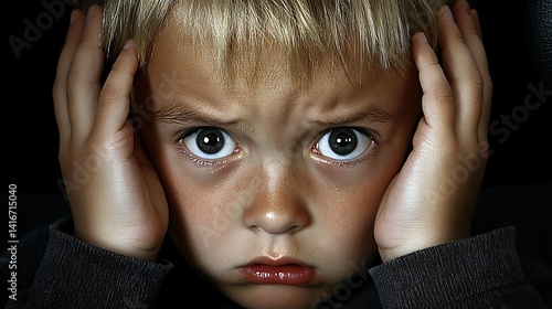 Young boy's face expressing fear and distress.