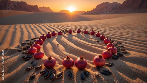 Fototapeta Naklejka Na Ścianę i Meble -  Pomegranate circle on sand dunes at sunset