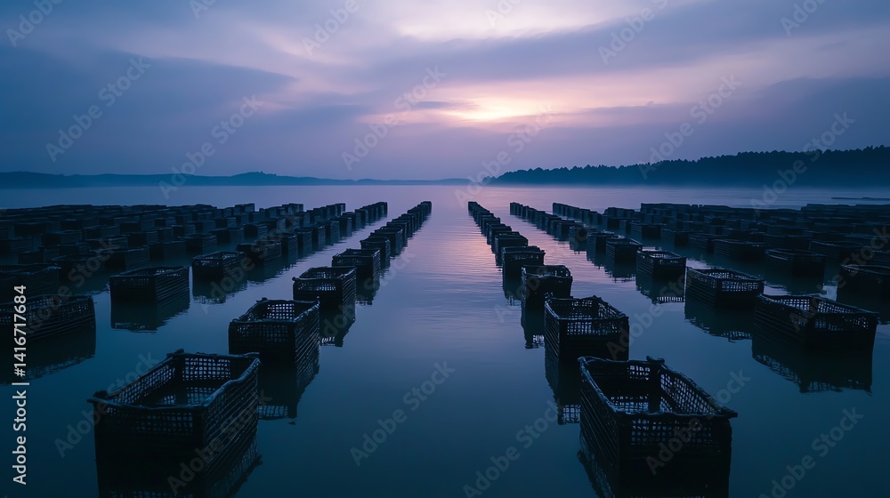 Obraz premium Oyster Farming Baskets in Water at Sunrise with Foggy Horizon View
