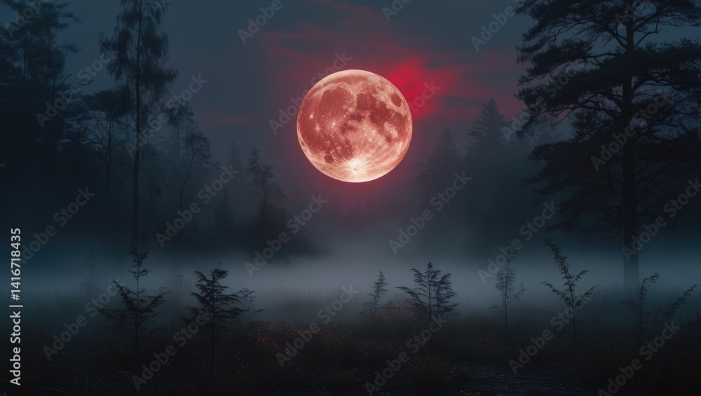 Misty Forest Illuminated by Crimson Radiance of a Rising Red Moon in Macro Detail Misty Forest Illuminated by Crimson Radiance of a Rising Red Moon in Macro Detail