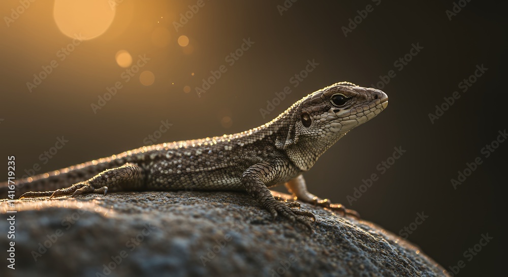Fototapeta premium Lizard Resting on Rock Under Sunlight