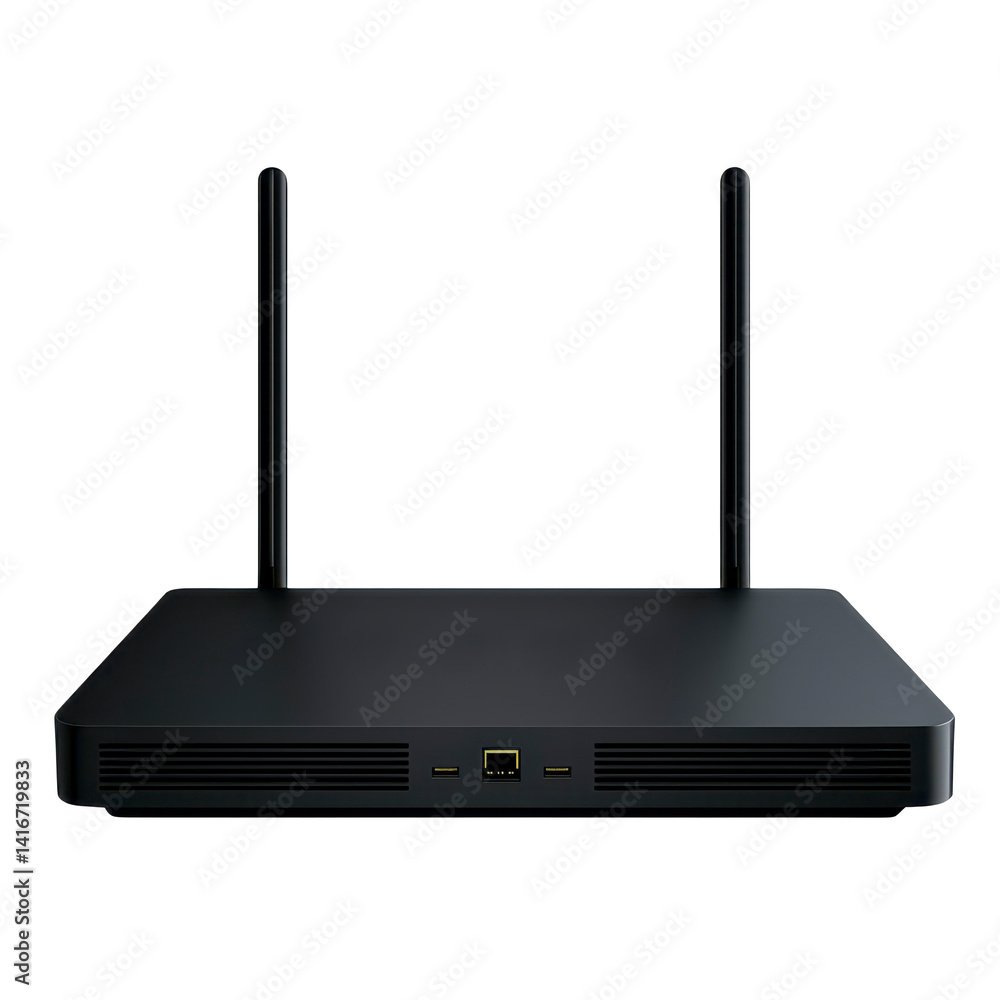 Fototapeta premium sleek black wireless router with two antennas provides reliable internet connectivity for home or office networks. Its modern design ensures efficient data transmission