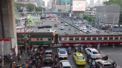 Traffic congestion on Ratchadaphisek Road in Bangkok Traffic of cars and people on highways