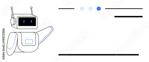 Robot character pointing to an interface with buttons, lines, and minimalist design. Ideal for AI, chatbot designs, automation, technology, innovation, digital tools simple landing page
