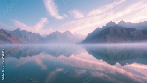 Fototapeta Naklejka Na Ścianę i Meble -  Mountain reflected in lake water with fog and clouds
