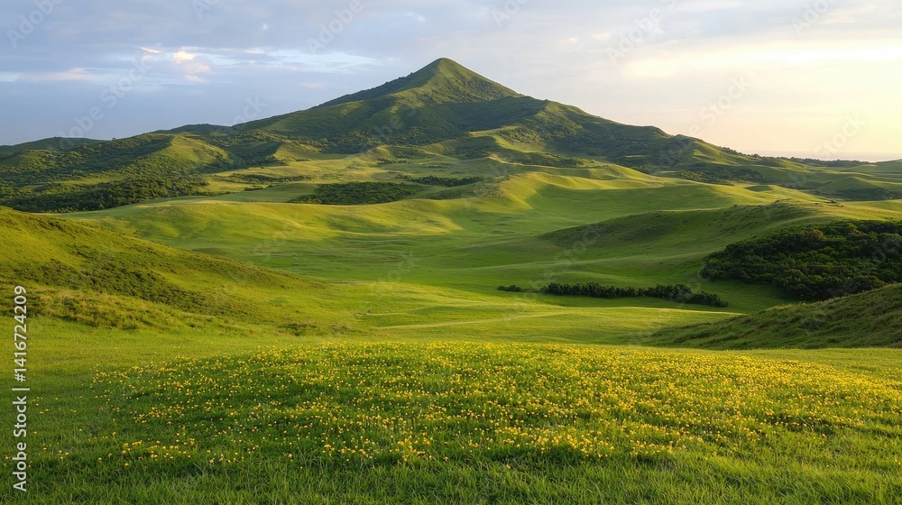 Obraz premium Serene mountain landscape vibrant green hills and tranquil meadow