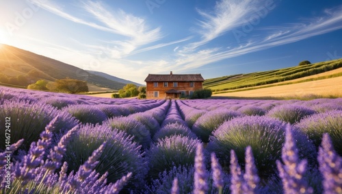 Lavender field with house landscape