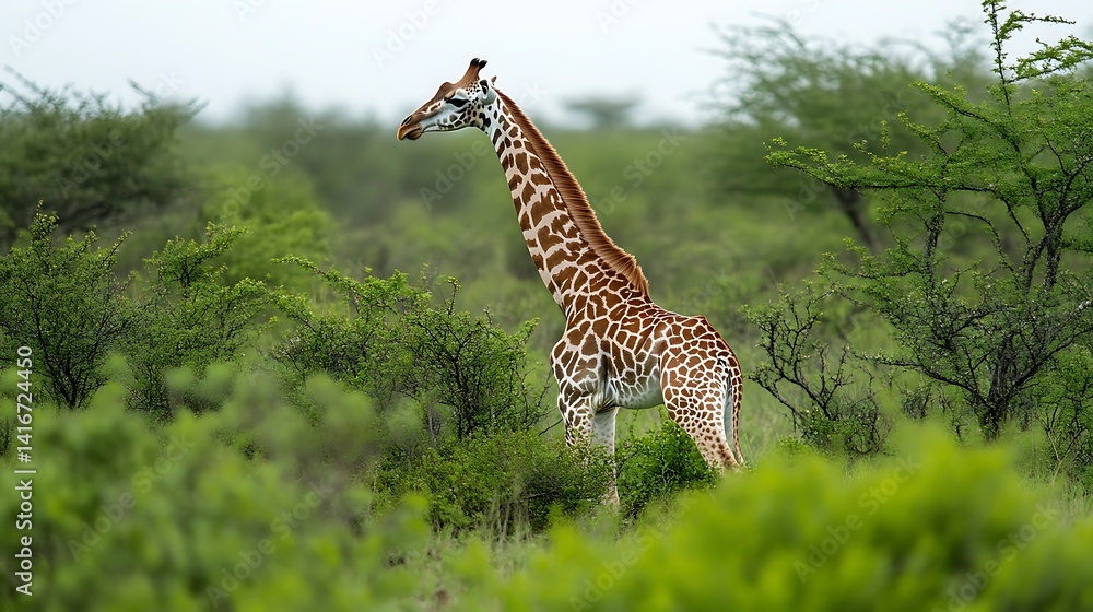 Obraz premium Giraffe Standing Tall in Lush African Bushland Wildlife Scene