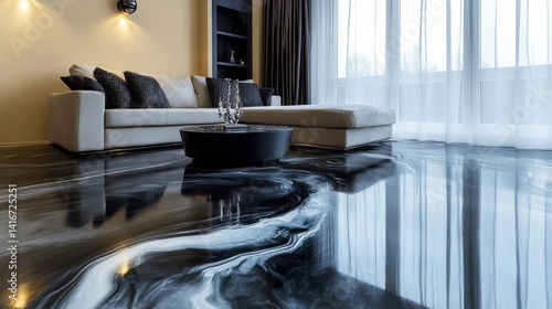 Modern Living Room with Glossy Black and White Epoxy Floor