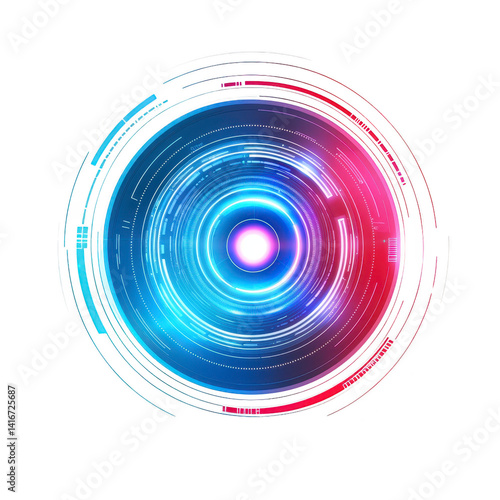 futuristic digital interface with glowing circular design blue and pink hues, resembling high tech target or radar screen. intricate patterns and vibrant colors create sense of advanced technology
