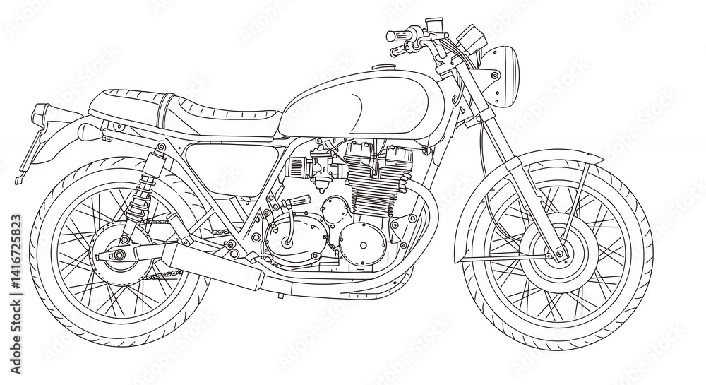 Naklejka premium Motorcycle line drawing technical design sketch