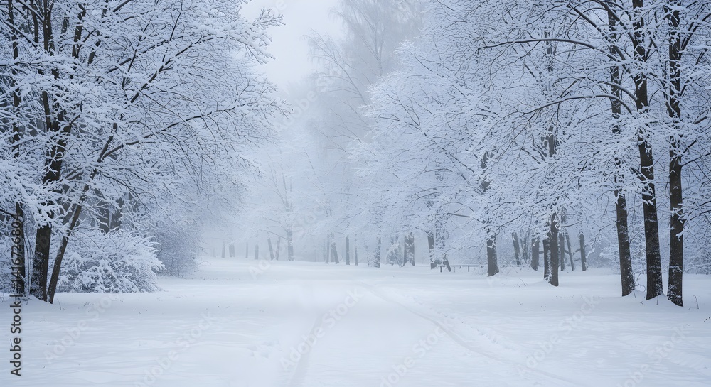 Fototapeta premium Serene Winter Wonderland Snow-Covered Path Through a Misty Forest