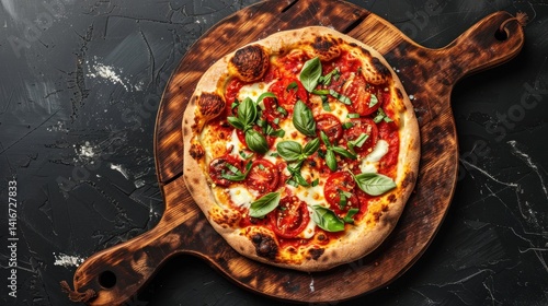 Delicious Margherita Pizza with Basil on a Rustic Wooden Cutting Board